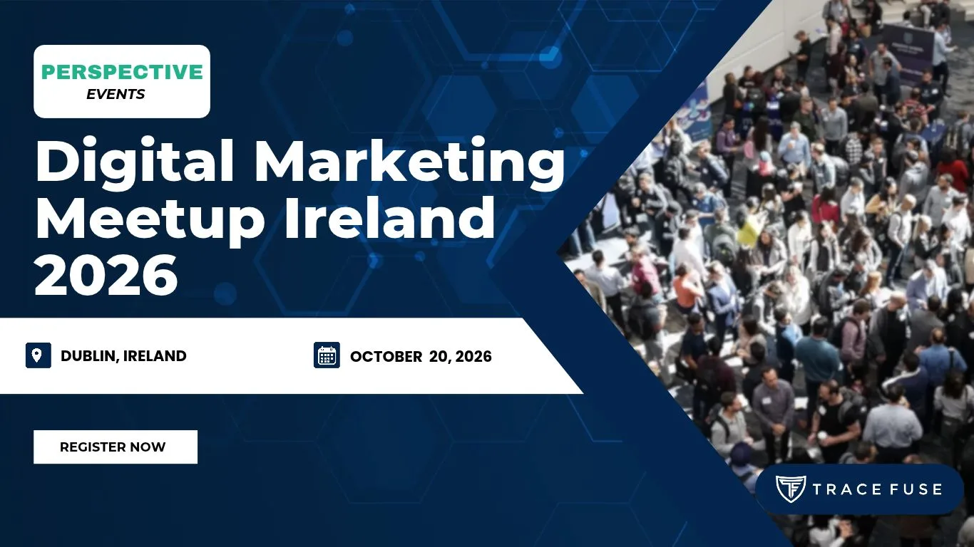 Digital Marketing Meetup Ireland 2026 event banner with event details on the left and a large crowd of people networking on the right.